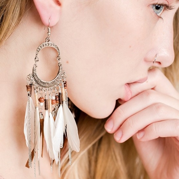 Boho Feather Drop Earrings - Picture 2 of 2